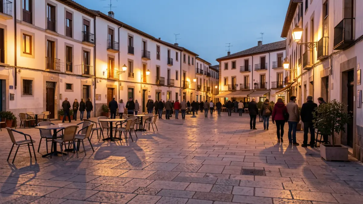 Imatge genèrica d'una plaça de poble a la posta del sol.