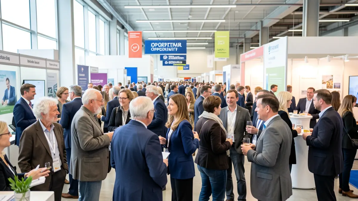 Generic image of a job fair with participants of various ages interacting.