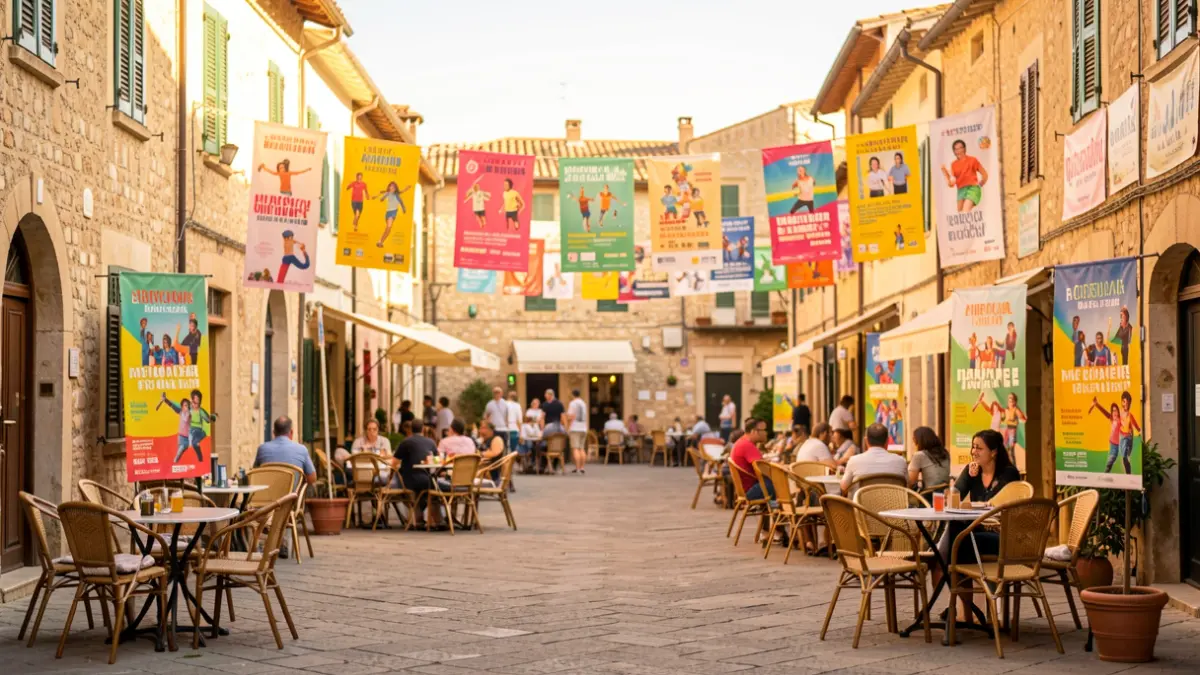Generic image of a Mediterranean plaza with youth activities.