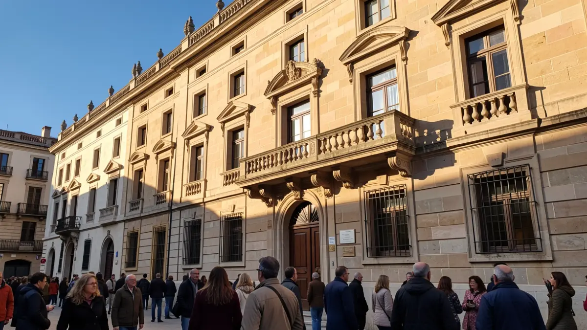 Imatge genèrica d'un edifici municipal amb balcó i llum de tarda.