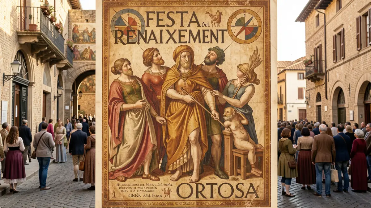 Cartel de la Festa del Renaixement de Tortosa con gigantes y elementos artísticos renacentistas.
