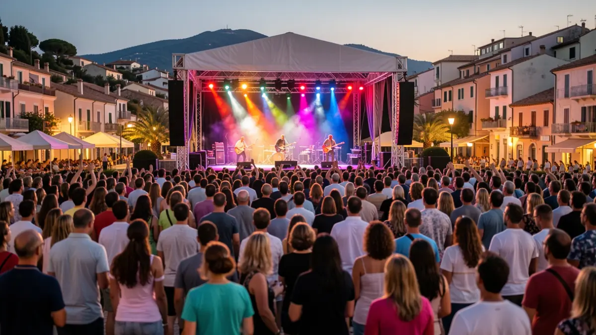 Generic image of an outdoor music festival at dusk in a Mediterranean coastal town.