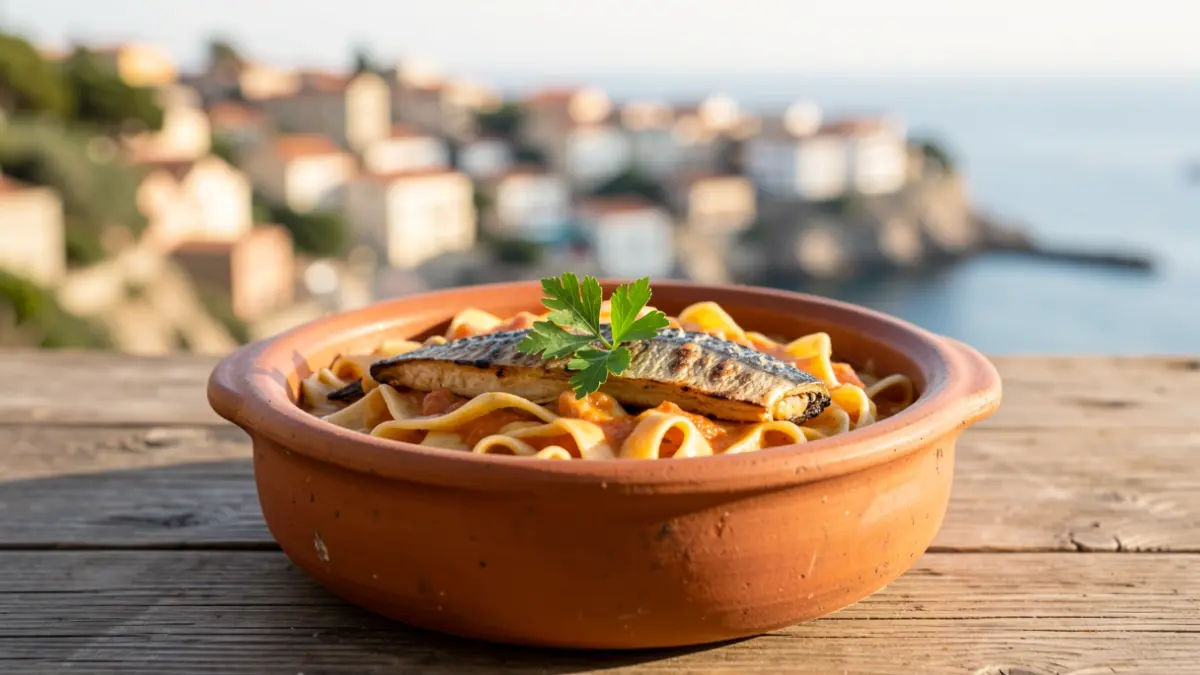 Imagen genérica de fideos a la cazuela servidos en una terraza con vistas al mar.