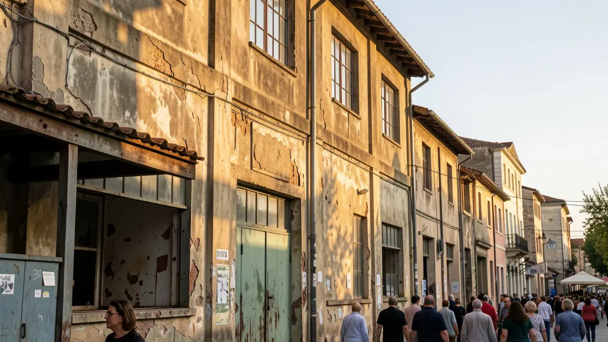 Imatge genèrica d'una antiga fàbrica industrial amb signes de contaminació i història.