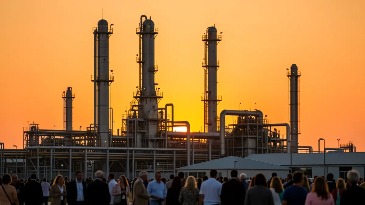 Vista de las instalaciones industriales de una planta química en Tarragona durante la puesta de sol.