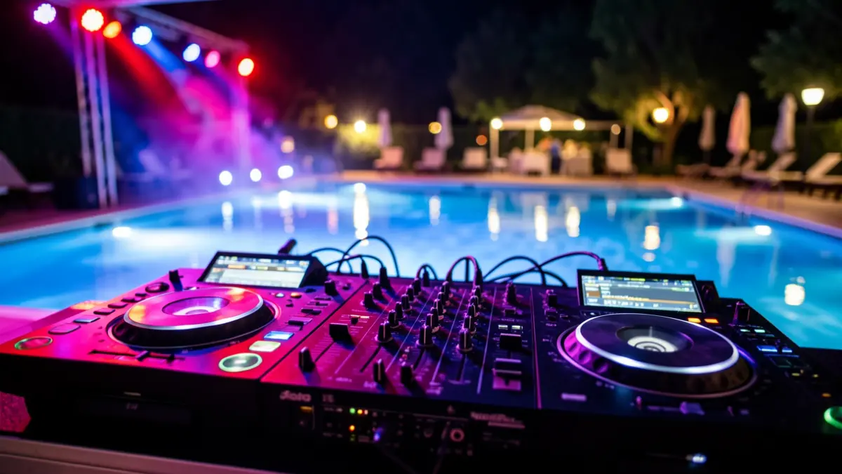 Imatge genèrica d'un equip de DJ il·luminat per llums de colors en un escenari nocturn.