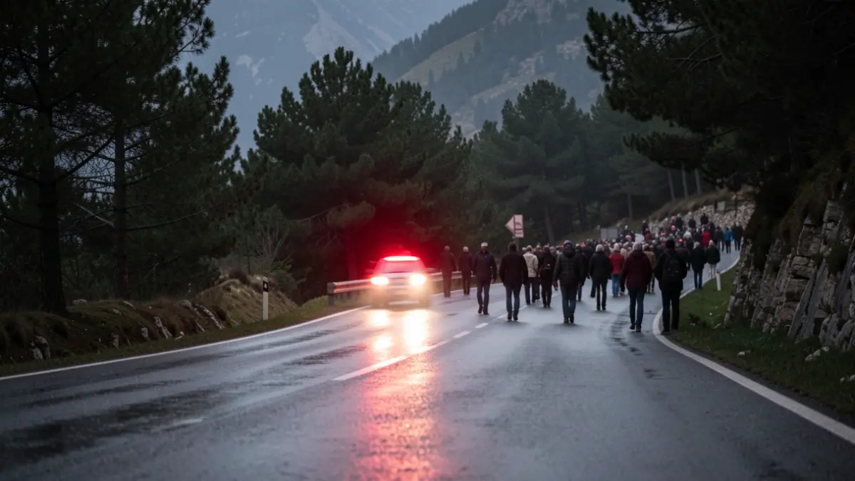 Imagen genérica de una carretera de montaña con luces de emergencia.