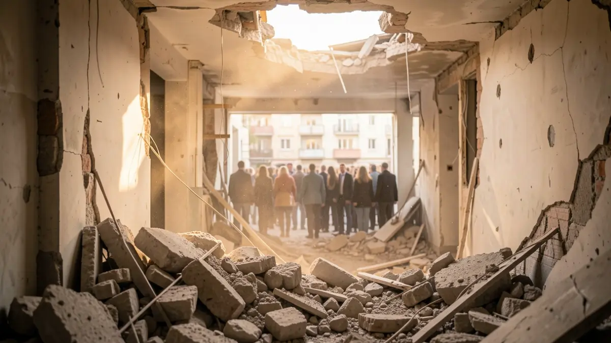 Imatge genèrica de runes i desperdits dins un edifici afectat per un col·lapse parcial.