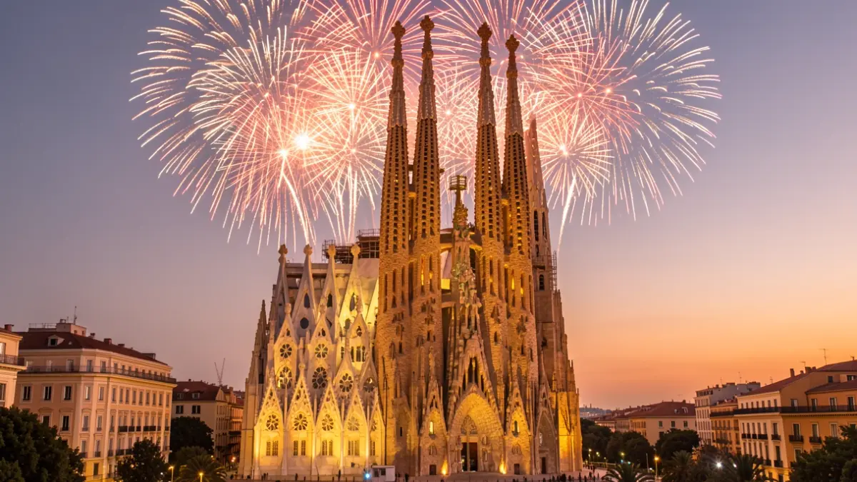 Imagen genérica de la Sagrada Familia con fuegos artificiales.