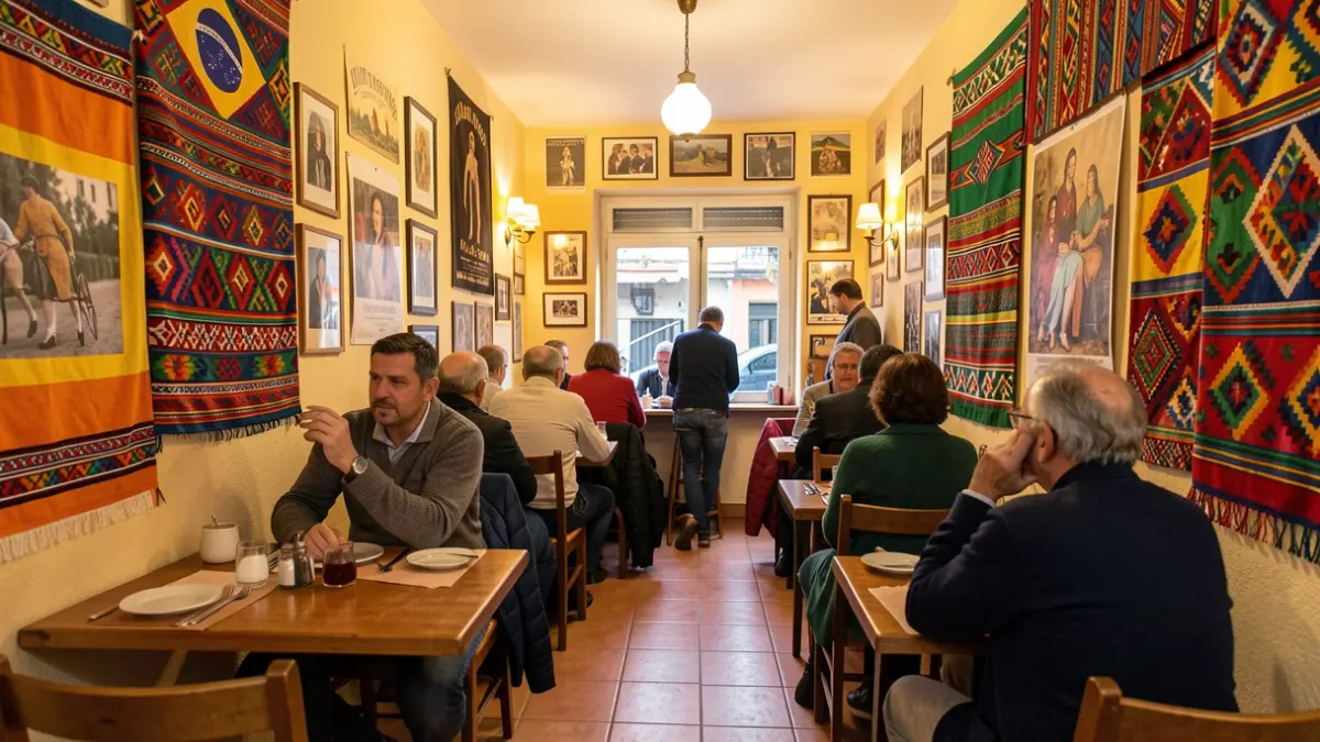 Interior de un pequeño restaurante brasileño en Lleida con decoración auténtica.