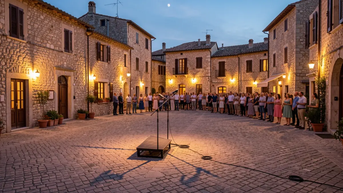 Generic image of a Mediterranean town square at dusk with a stage.