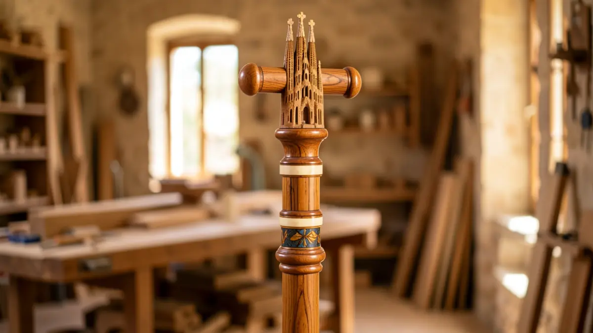 Bastó de bàcul artesanal fet de fustes de diferents continents, amb detalls d'ivori i marqueteria.