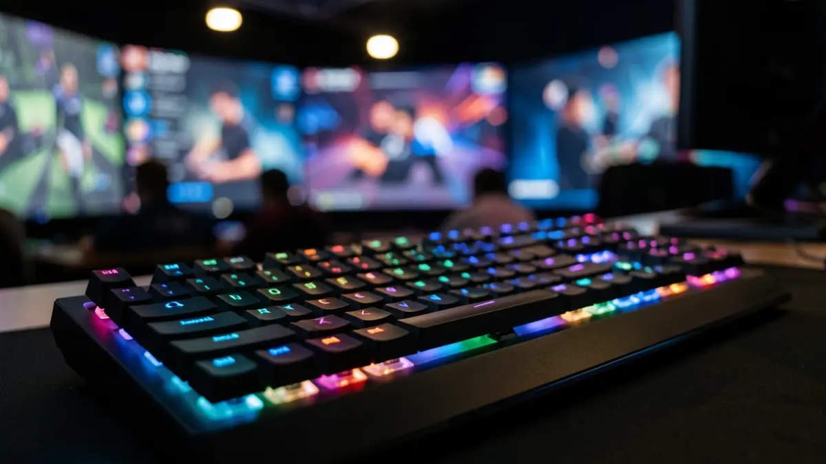 Generic image of a gaming keyboard with RGB lighting in a competitive environment.