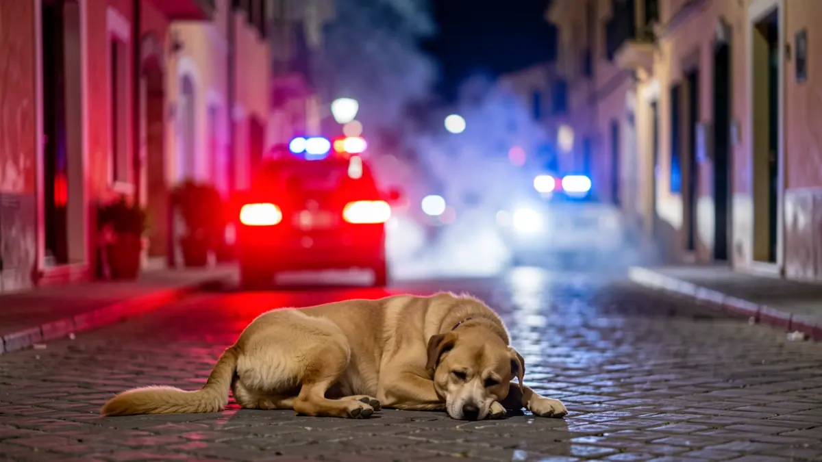 Generic image of a dog affected by smoke in a nighttime setting with emergency lights.