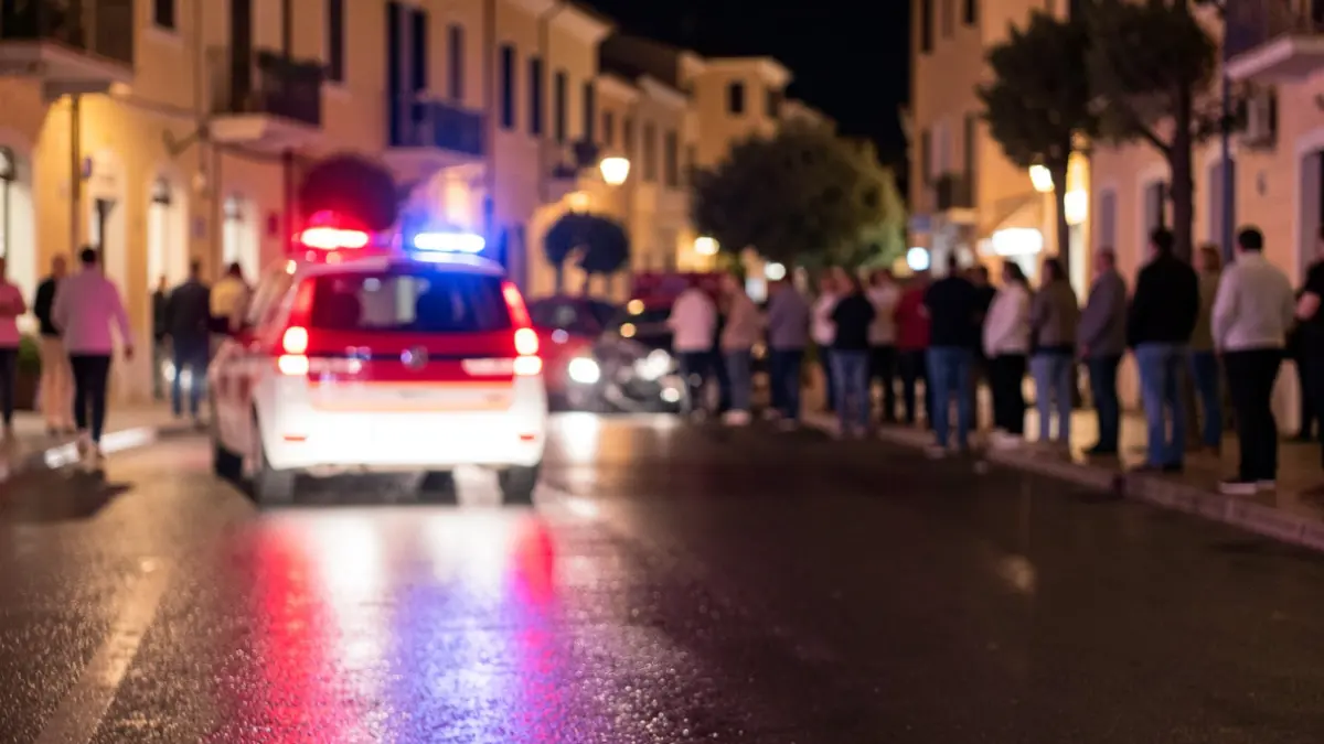 Generic image of emergency lights reflecting on wet asphalt at night.