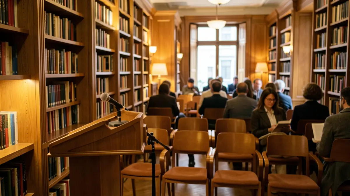 Imatge d'una sala d'actes preparada per a una conferència amb micròfon i cadires.