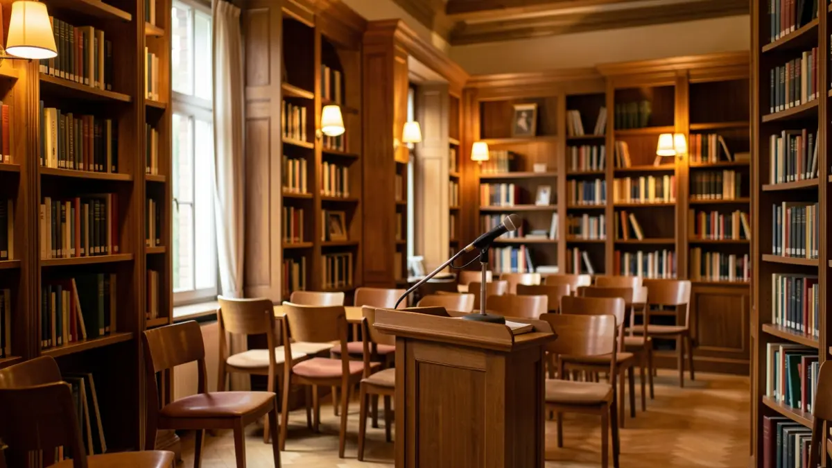 Interior de una biblioteca con estanterías de madera y un micrófono en un atril.