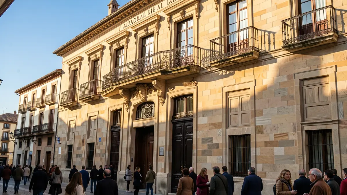 Generic image of a municipal building with a balcony and warm light.