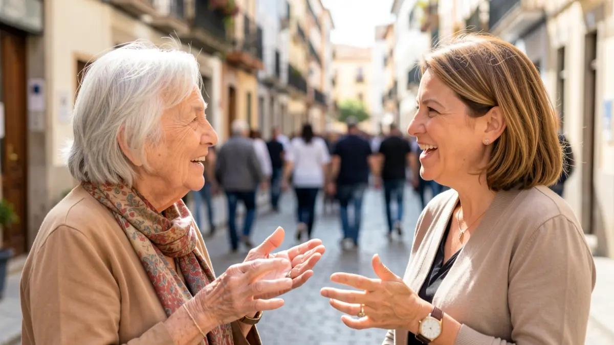Dos mujeres de diferentes edades conversando animadamente en la calle.