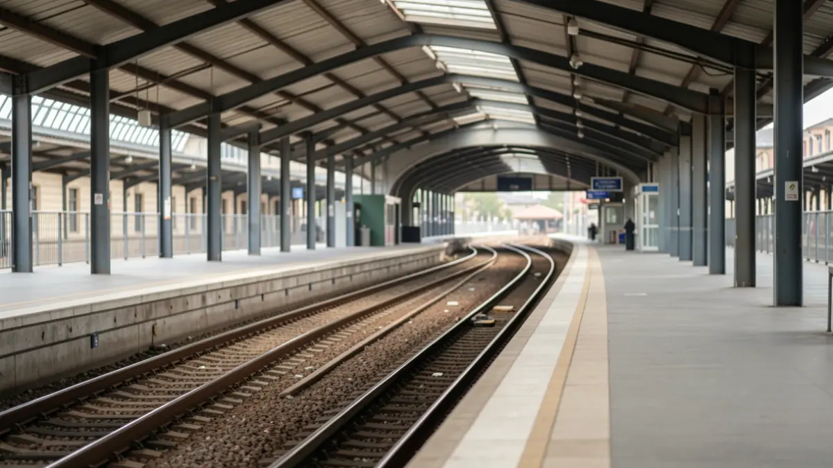 Empty platform at Sants station with tracks disappearing into the distance.