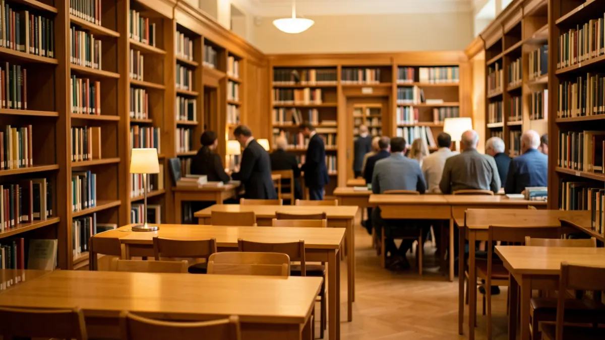 Generic image of a public library with bookshelves and study tables.