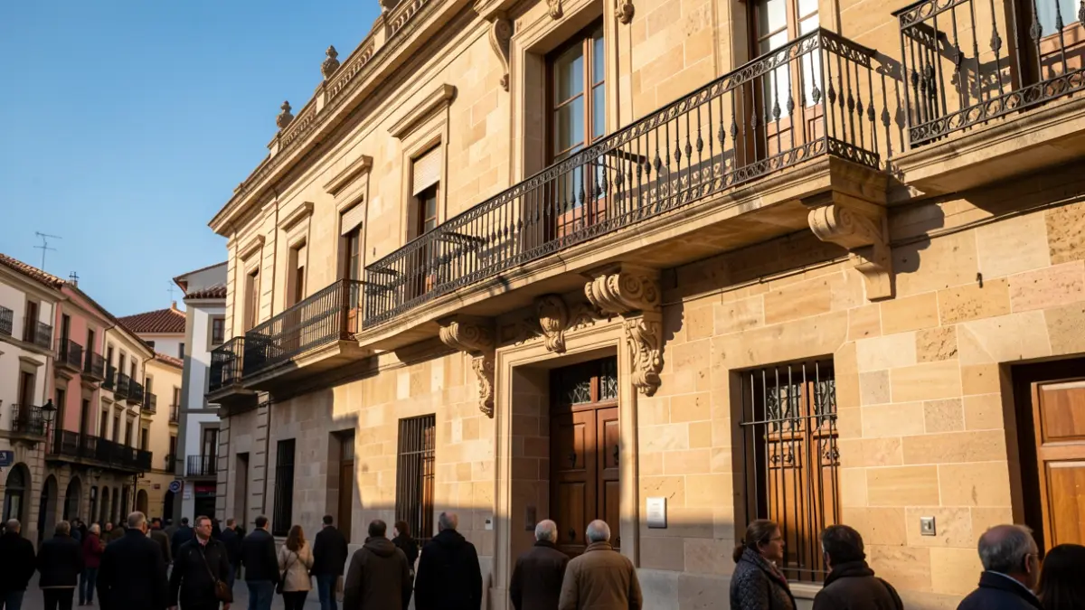 Generic image of a Catalan town hall facade with a balcony and warm light.