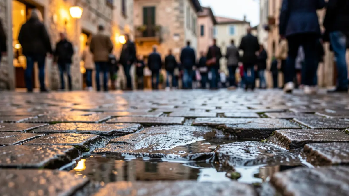 Imatge genèrica d'un carrer empedrat amb desperfectes i humit per la pluja.