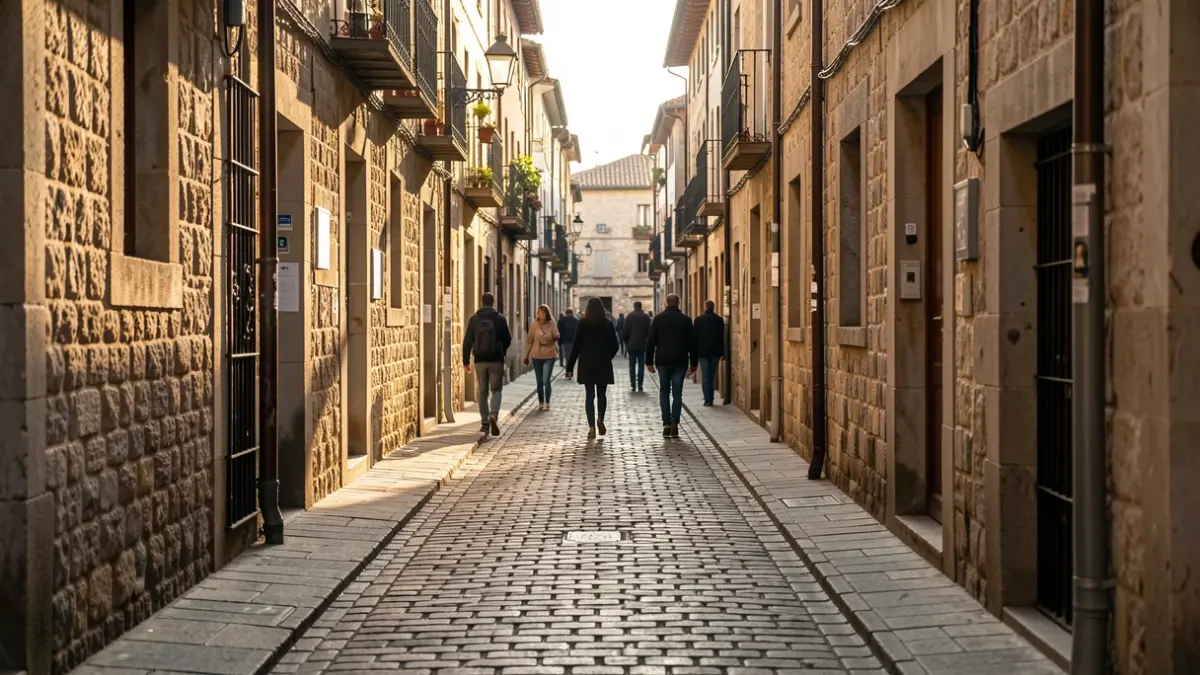 Narrow, cobblestone street in Girona's Barri Vell with old buildings and warm light.