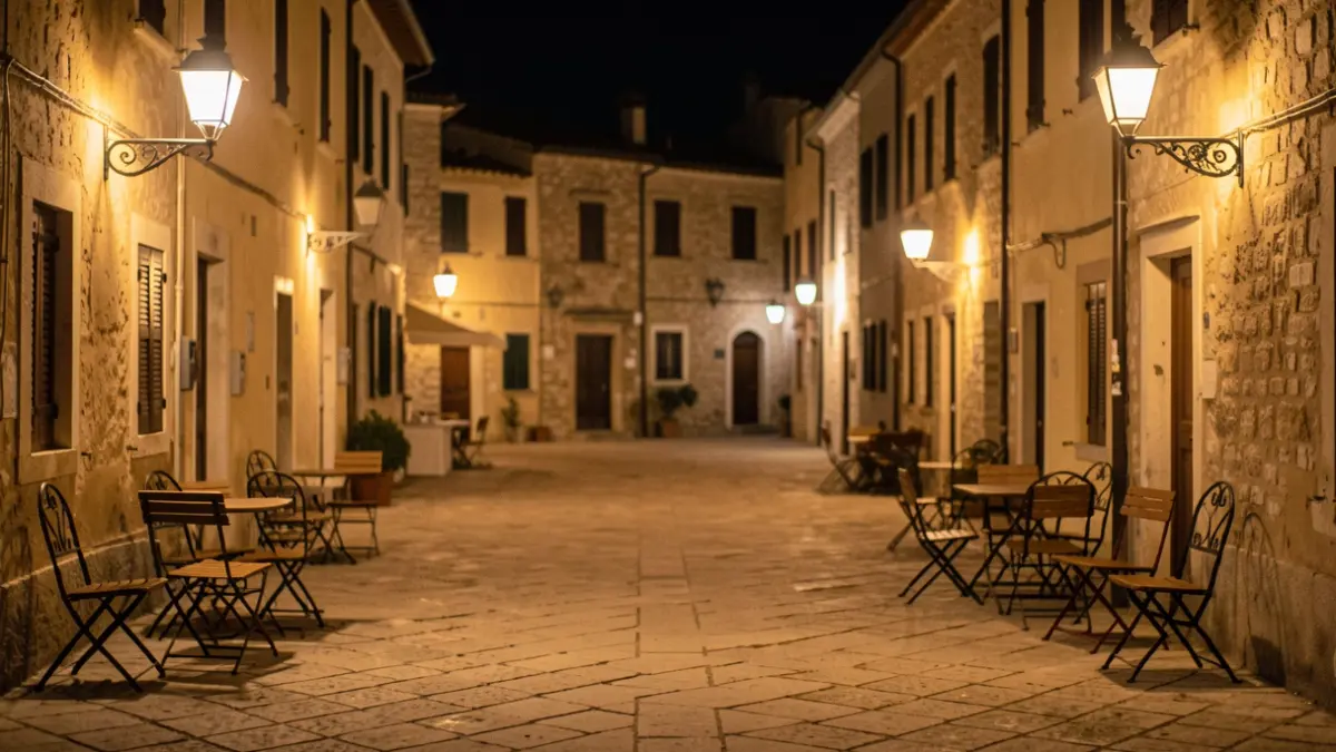 Imatge genèrica d'una plaça de poble mediterrani a la nit.