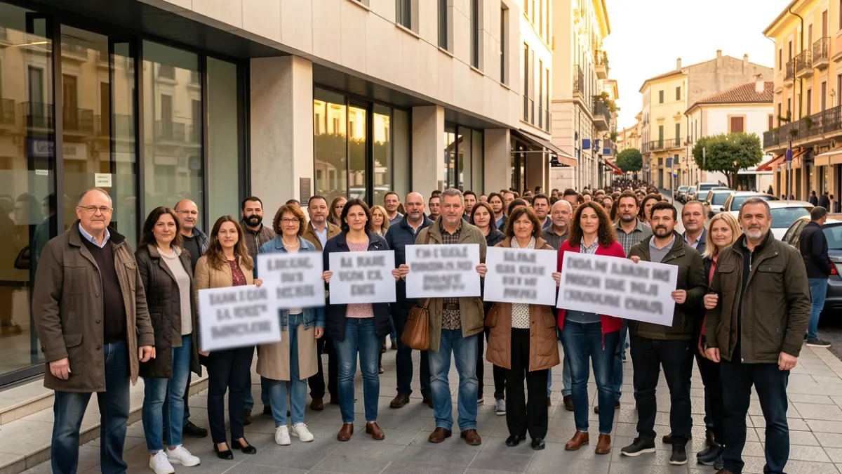 Imatge genèrica de veïns protestant davant d'un edifici.
