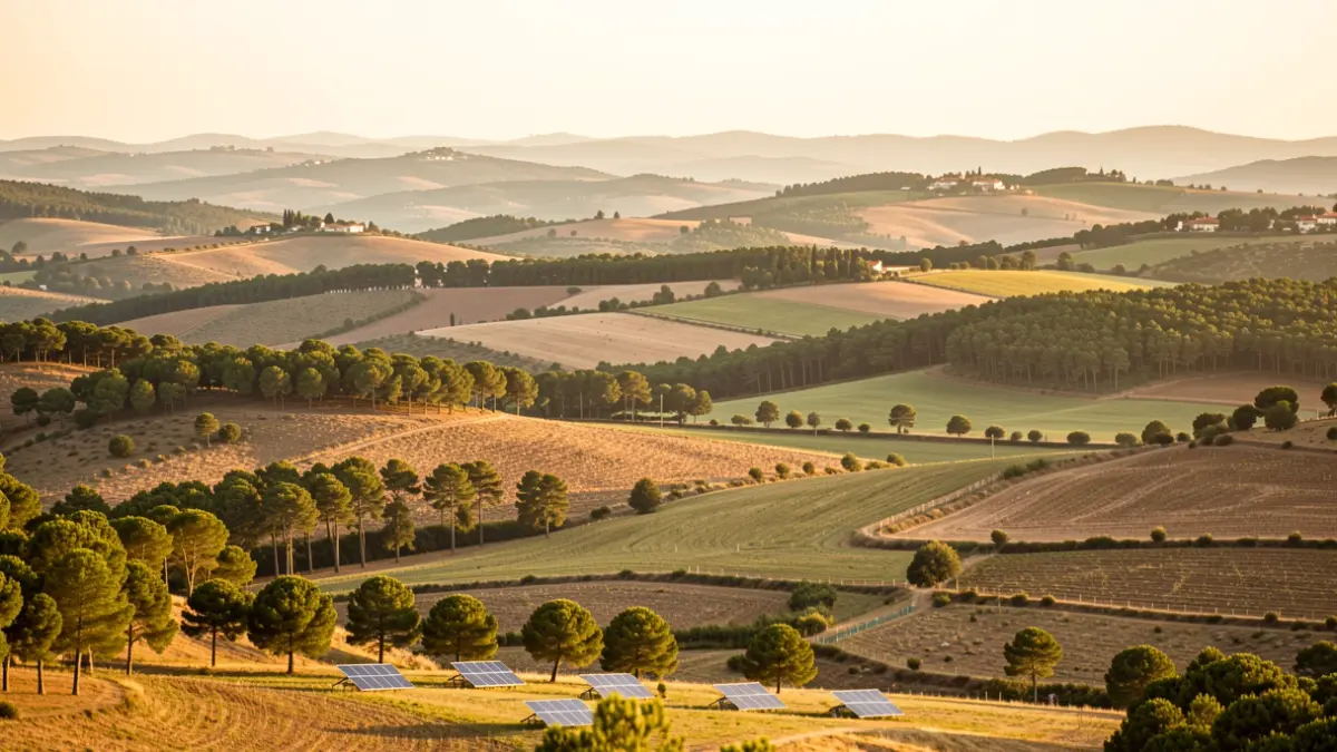 Rural landscape of La Baronia de Rialb with fields and forests, featuring scattered solar panels.