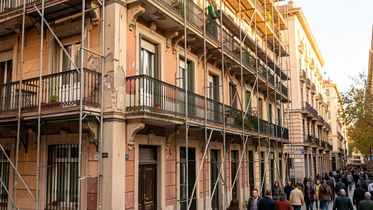 Imatge genèrica d'un edifici residencial a l'Eixample de Barcelona amb signes de deteriorament.