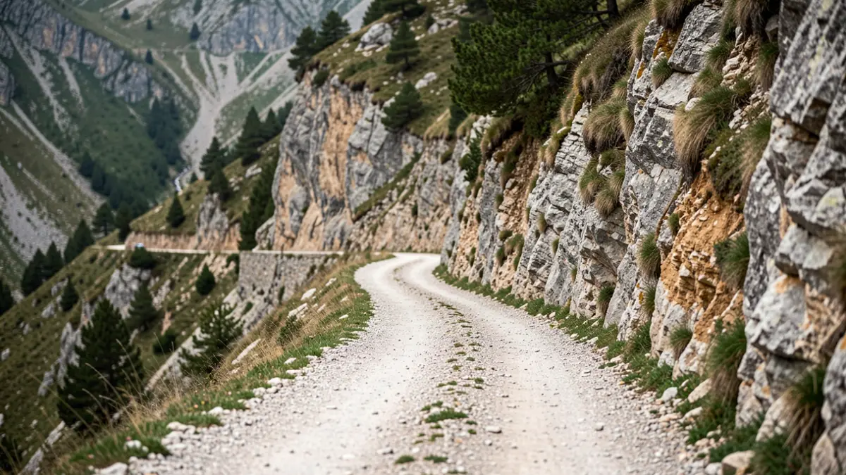 Narrow mountain track in the Catalan Pyrenees with a steep drop.