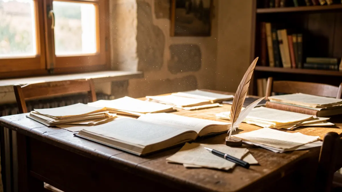 Desk with papers and a quill pen in a rustic room in Catalunya.