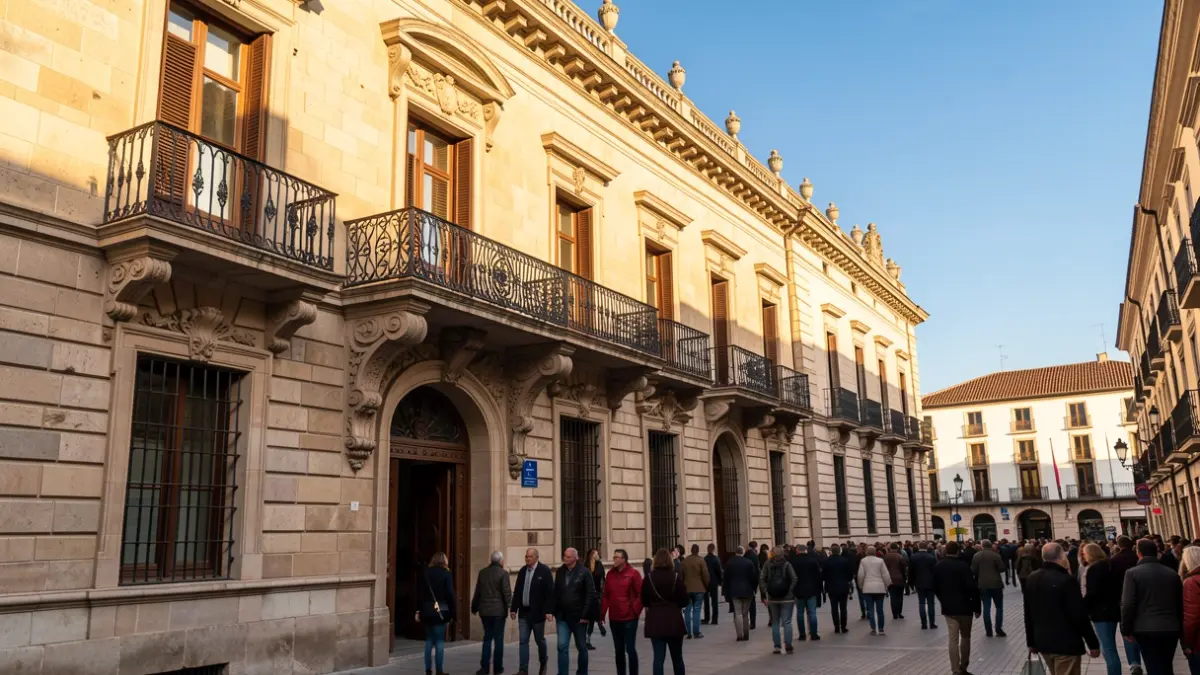 Imagen genérica de un edificio municipal con balcón y sol.