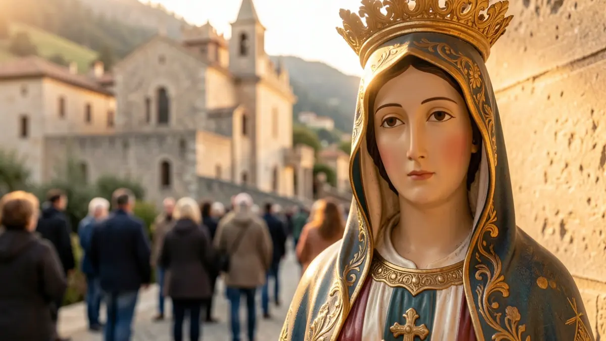 Icona de la Mare de Déu de Montserrat amb paisatge català al fons.