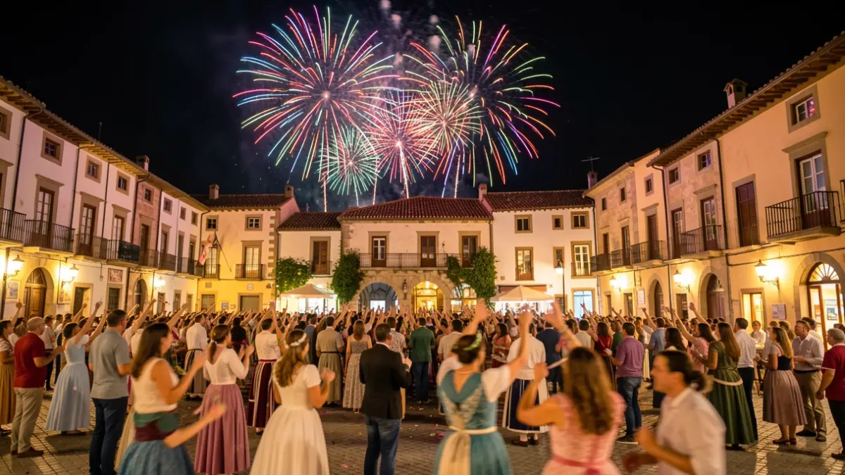 Imatge genèrica d'una festa de Sant Joan a un poble català amb focs artificials.