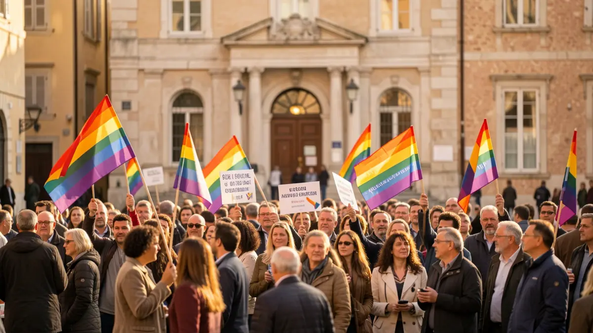 LGBTI+ demonstration in front of a Mediterranean town hall with banners and rainbow flags.