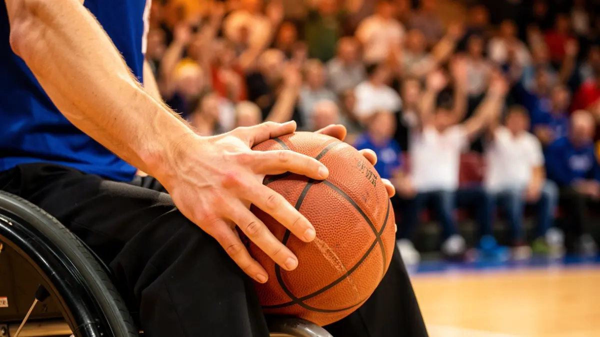 Jugador de baloncesto en silla de ruedas a punto de pasar el balón, con el público borroso en segundo plano.
