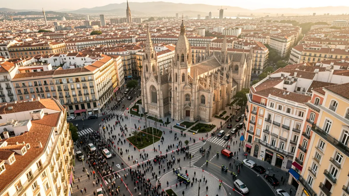 Aerial view of Barcelona's Ciutat Vella district with traffic restrictions due to the papal visit.