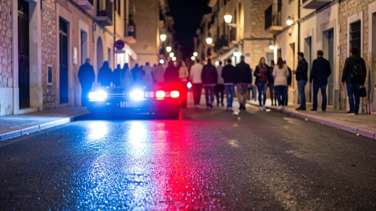 Imatge genèrica de llums d'emergència policials reflectint-se en asfalt mullat.