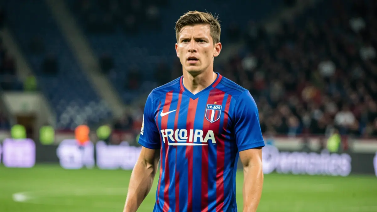 Jugador de futbol amb samarreta a ratlles blaves i vermelles en un camp verd.