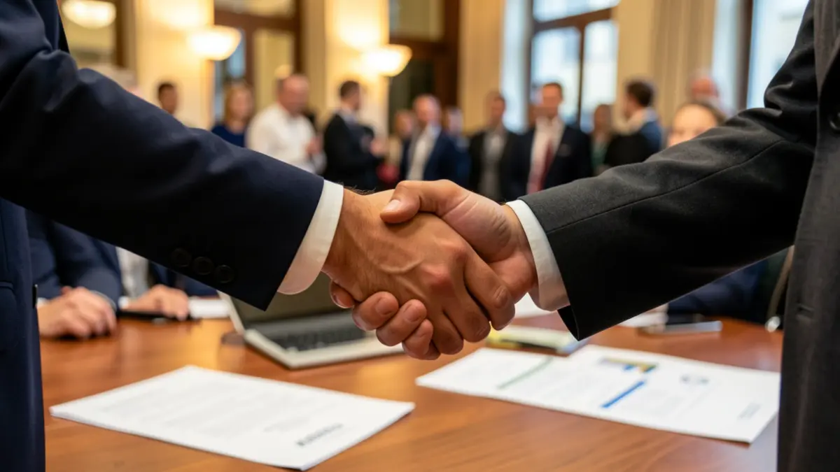 Imagen genérica de dos personas dándose la mano en un entorno profesional.
