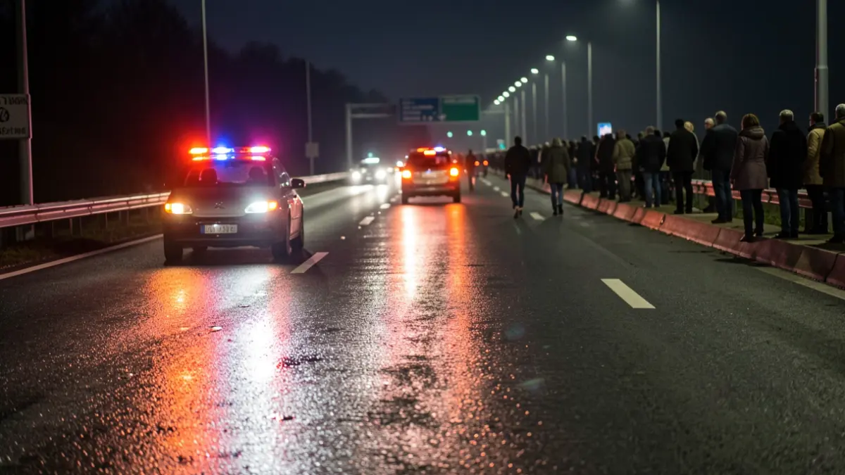 Generic image of emergency lights reflecting on wet asphalt at night.