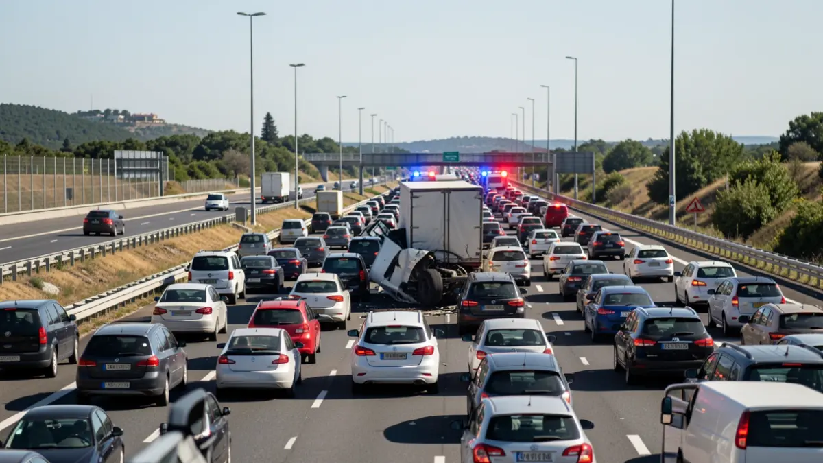 Traffic jam on the AP-7 due to a truck accident in Sant Sadurní d'Anoia.