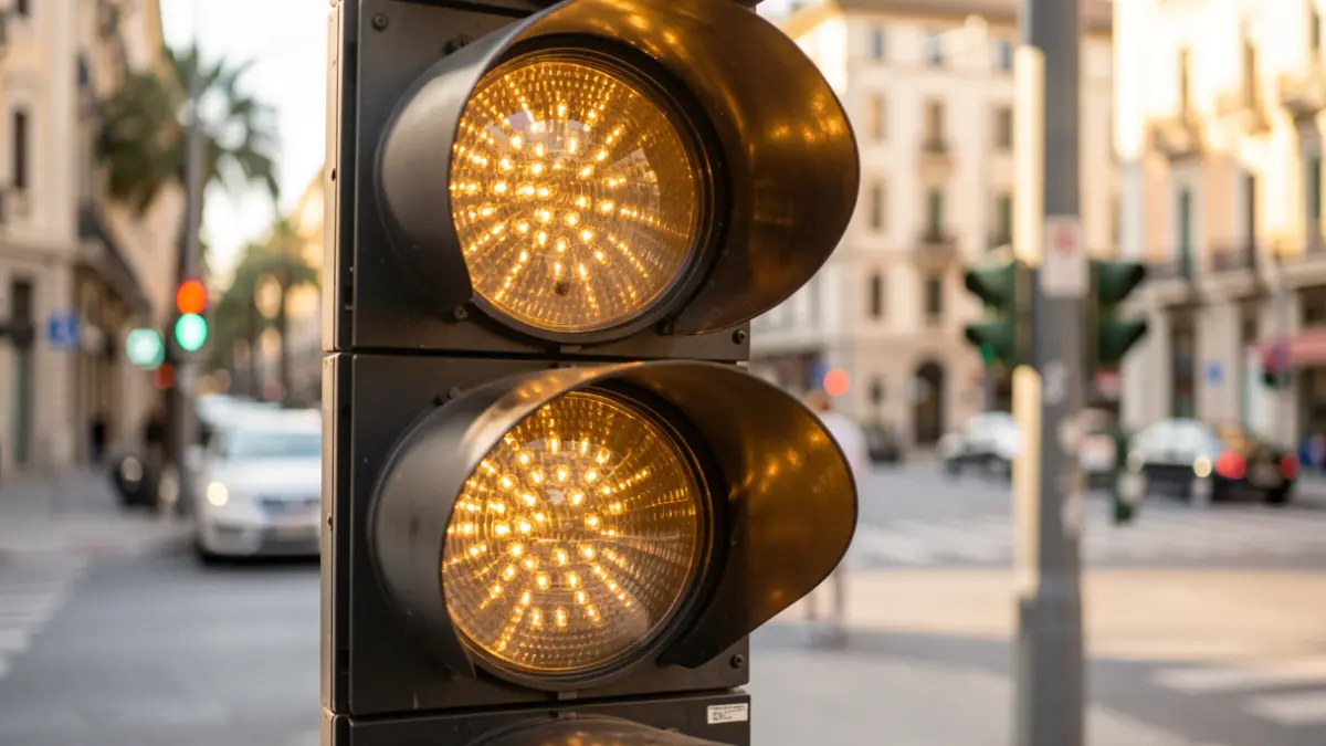 Primer plano de LEDs de semáforos en Barcelona con luz solar.