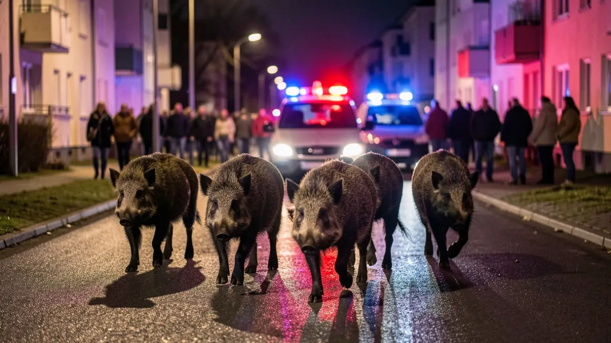 Imagen genérica de jabalíes en una calle urbana de noche con luces de emergencia.