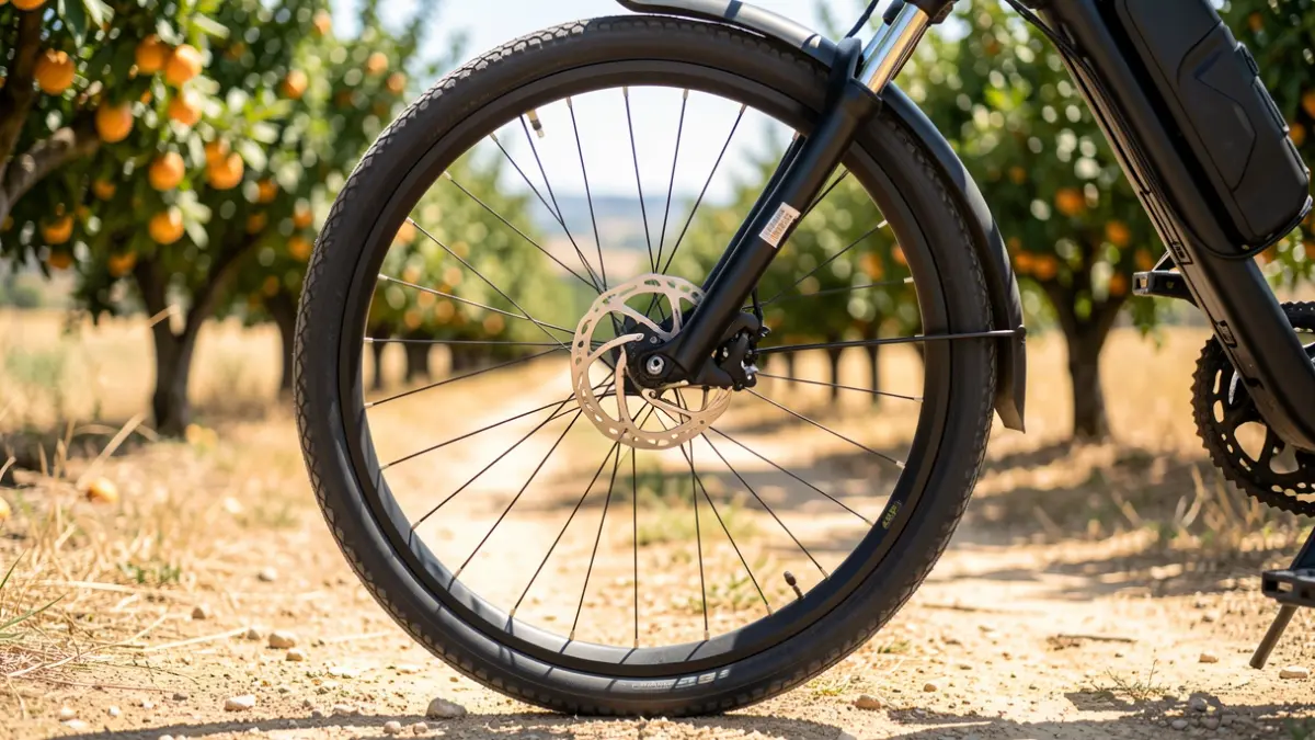 Generic image of an electric bicycle on a rural path between fruit orchards.