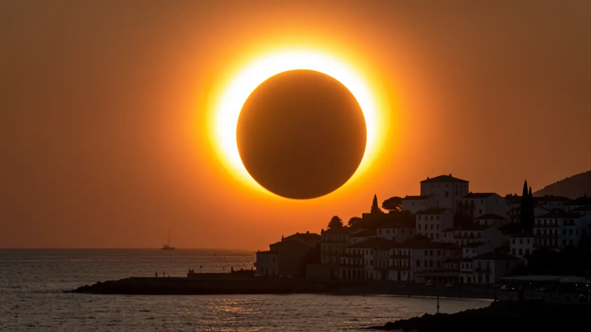 Vista dramática de un eclipse solar total sobre la costa mediterránea con la silueta de Alcanar.