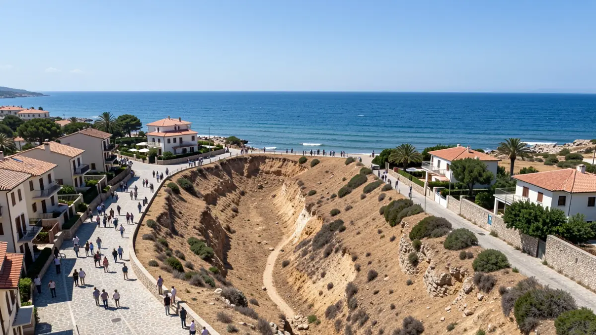 Vista aèria d'una zona costanera amb un barranc, representant l'entorn d'Alcanar Platja.